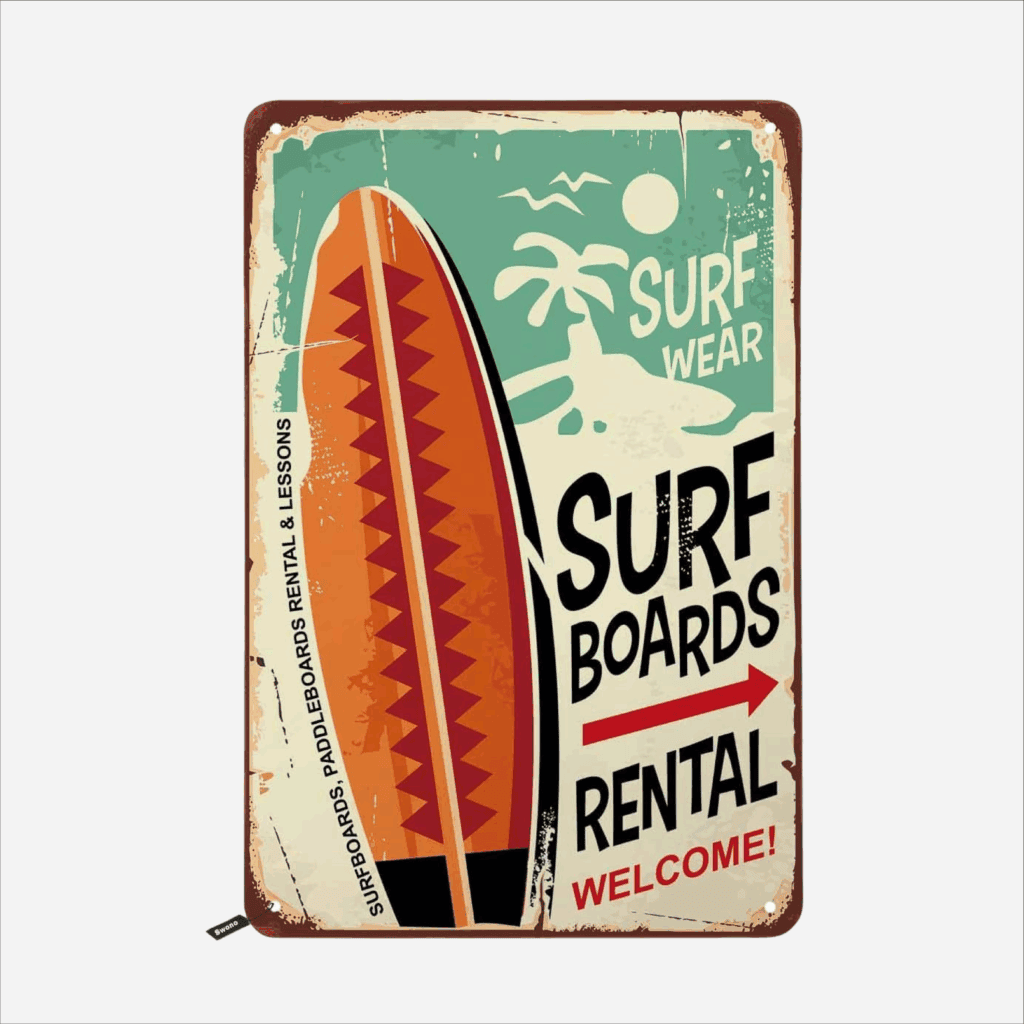 Surfboard rental tin signage