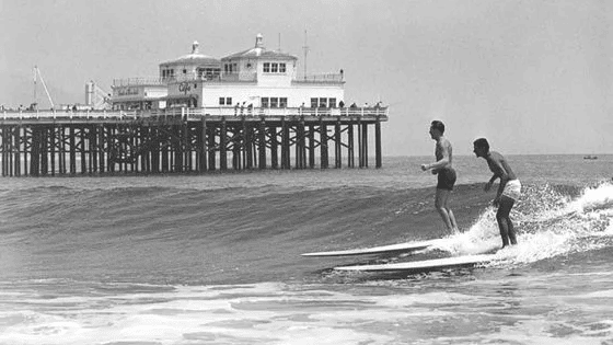 Surfers by the pier